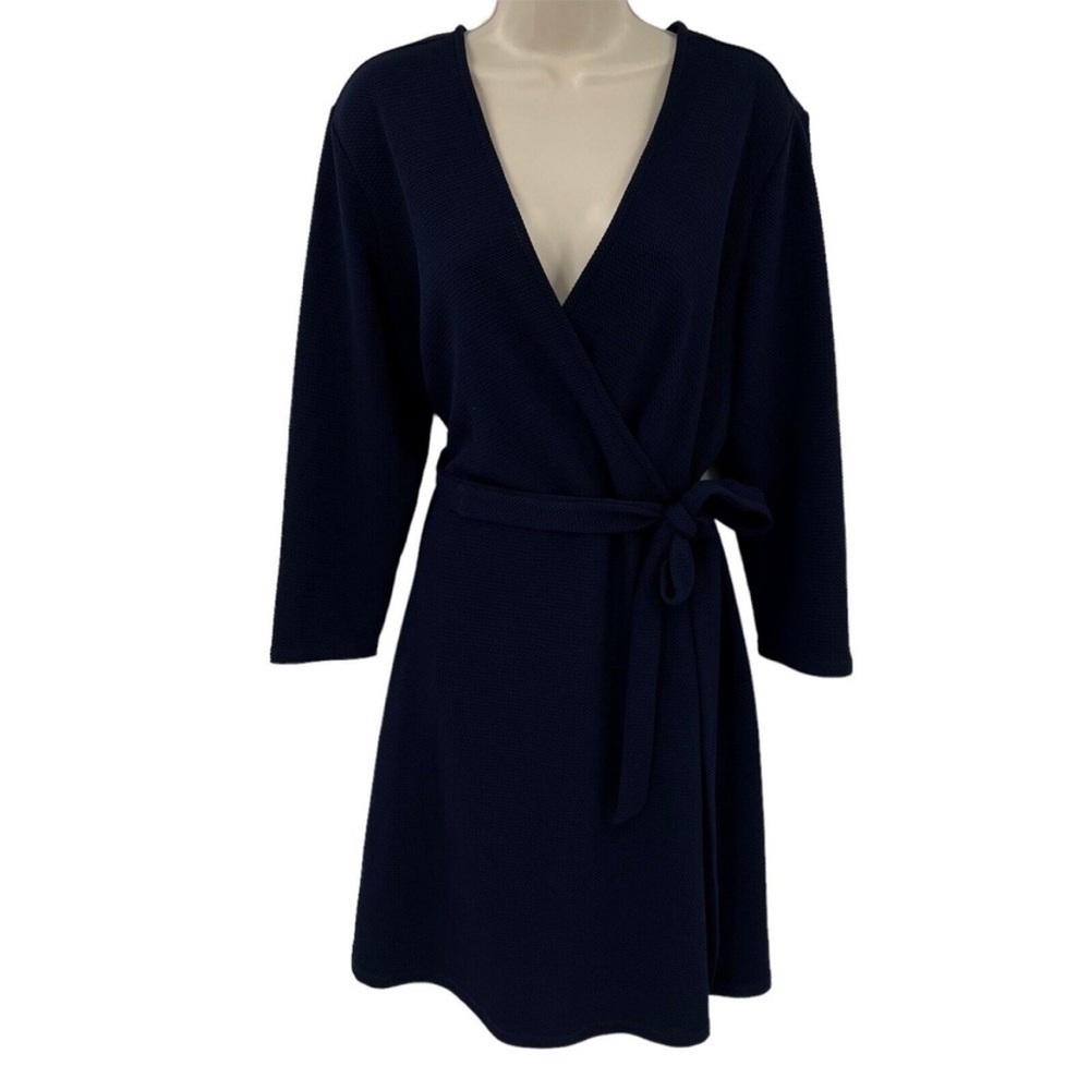 Wrap Dress Size 14 Knee Length Long Sleeve Navy Blue Textured Stretch